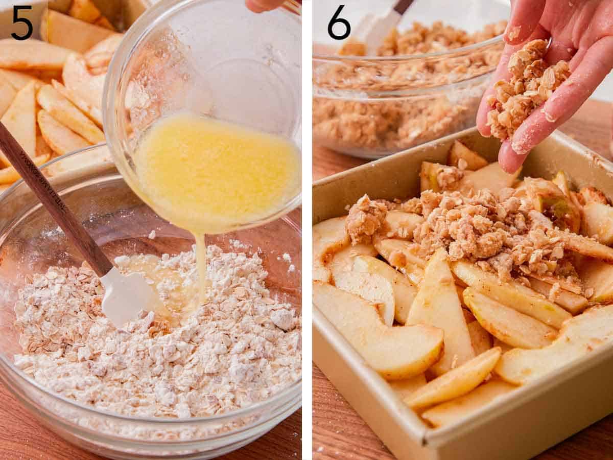 Set of two photos showing melted butter poured into the dry mixture before transferring on top of the fruit in the pan.