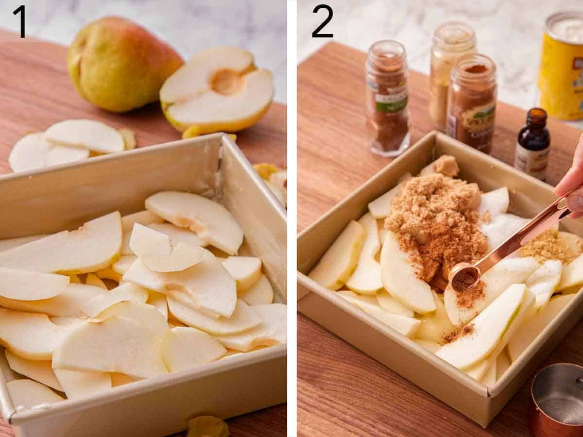 Set of two photos showing sliced fruit added to a greased baking pan and then spices poured on top.