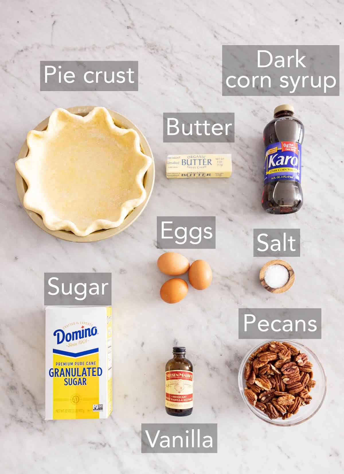 Ingredients needed to make pecan pie.