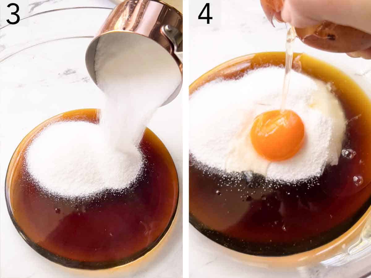 Set of two photos showing sugar and egg added to a bowl of syrup.