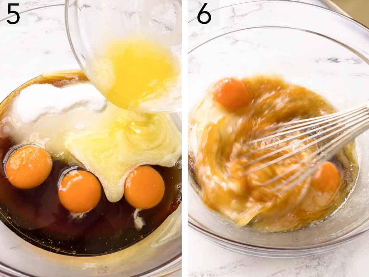 Set of two photos showing melted butter added to a bowl of liquid ingredients and whisked.
