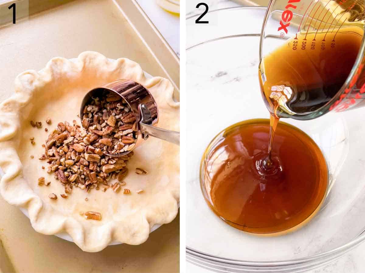 Set of two photos showing pecans added to a pie crust and syrup poured into a bowl.