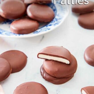 Pinterest graphic of multiple pieces of peppermint patties scattered around with three stacked in the middle.