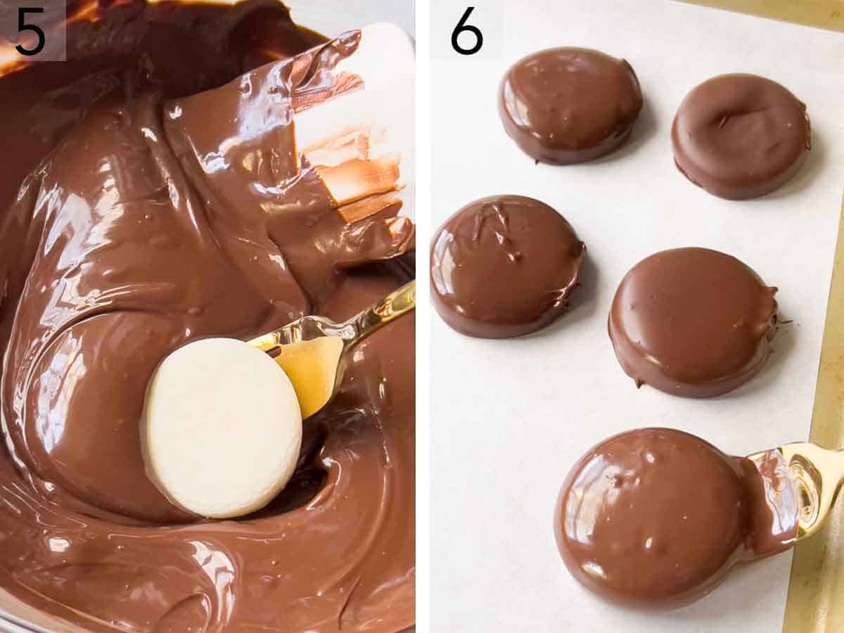 Set of two photos showing rounds dipped in chocolate and let aside on a lined sheet pan.