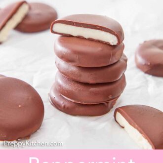 Pinterest graphic of a stack of five peppermint patties with the one on top cut in half.
