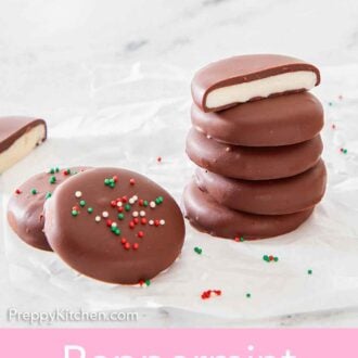Pinterest graphic of a stack of peppermint patties with two beside it with sprinkles on top.