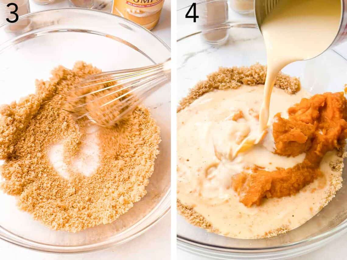 Set of two photos showing sugar, spices, and salt whisked together then evaporated milk poured in along with puree.