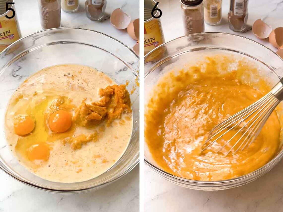 Set of two photos showing three eggs added to a bowl and whisked into the batter.