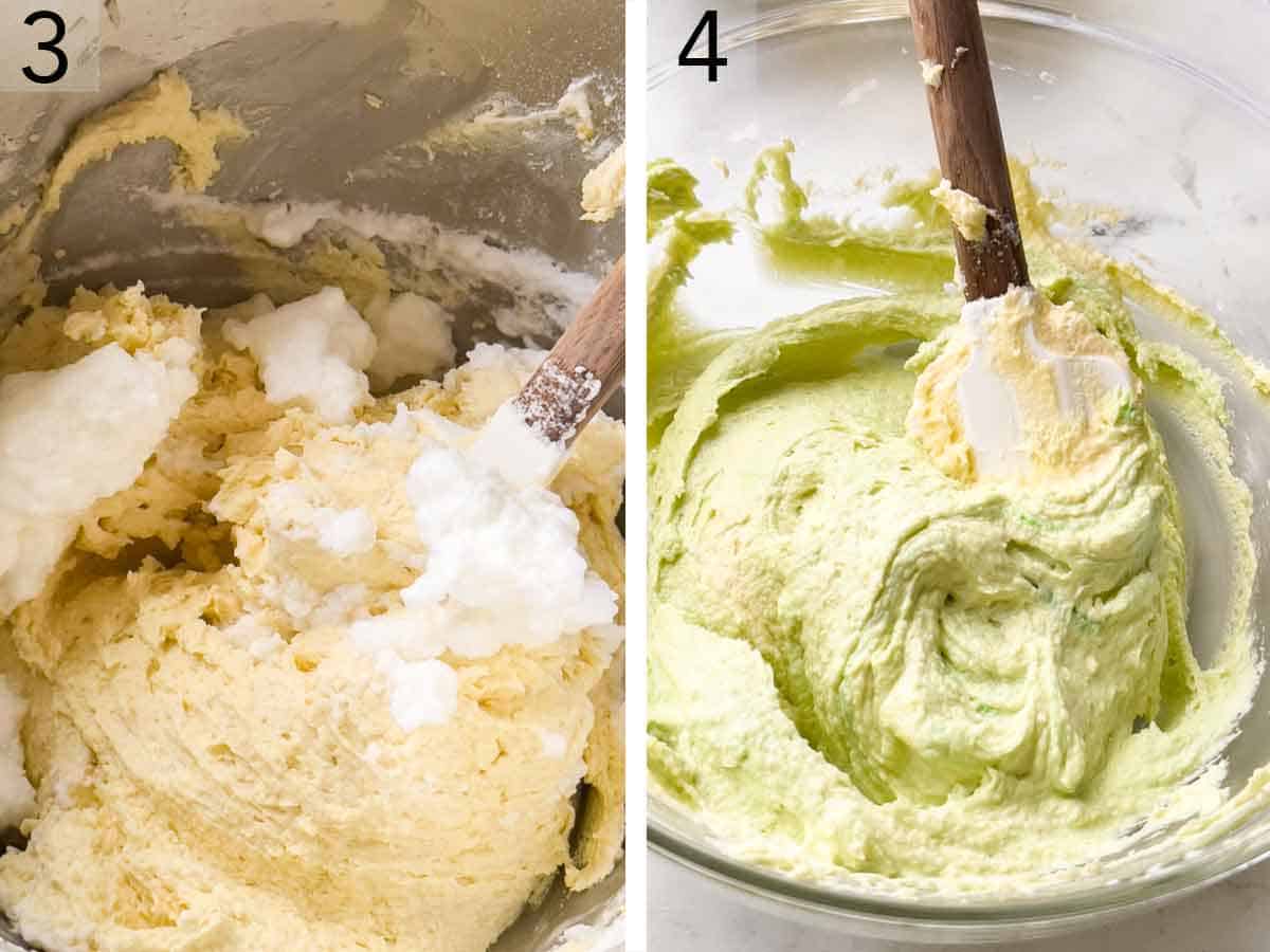 Set of two photos showing egg whites folded into the dough and a portion dyed green.