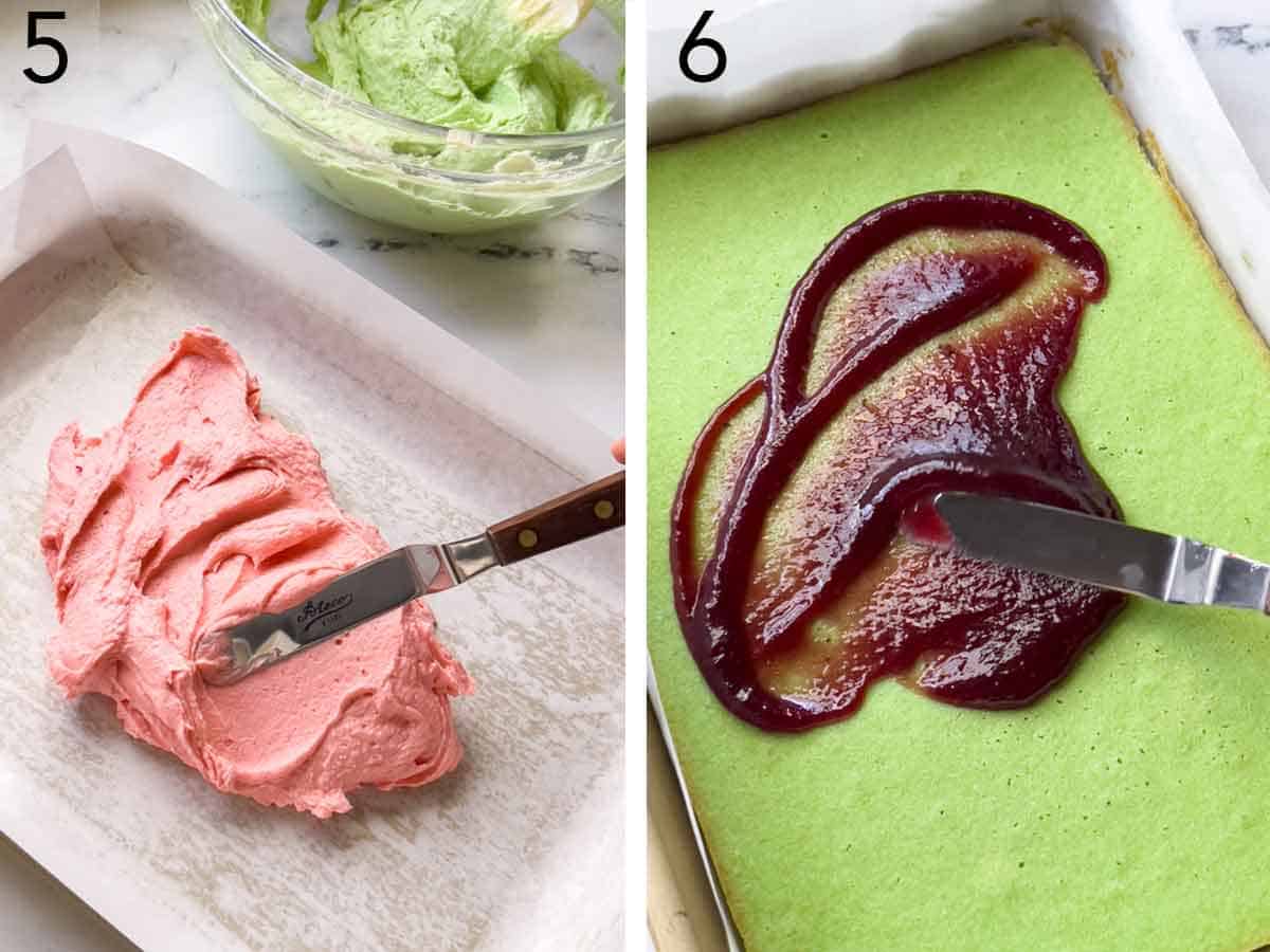 Set of two photos showing pink dough spread into a lined baking pan and jam spread over a baked green cake layer.