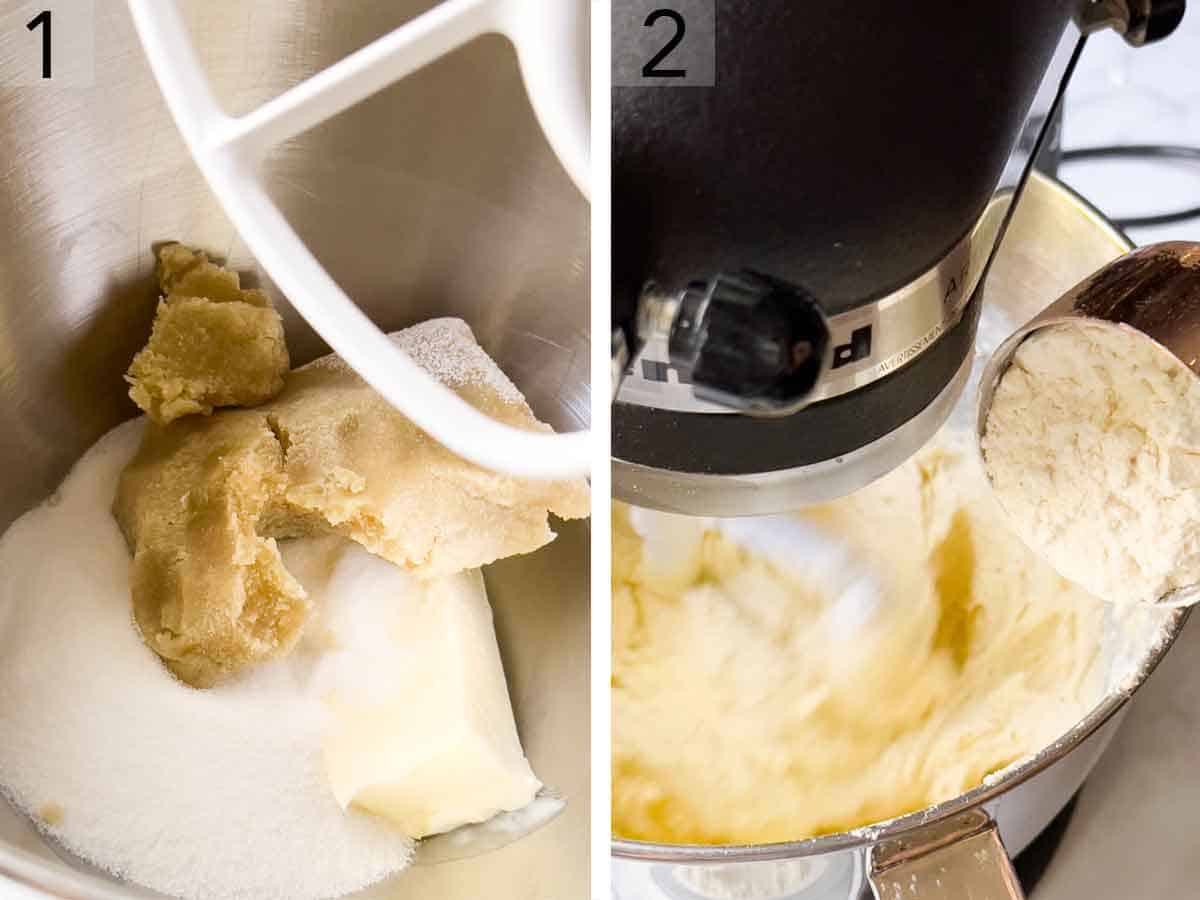 Set of two photos showing sugar, butter, and almond paste added in a mixer and combined with flour.