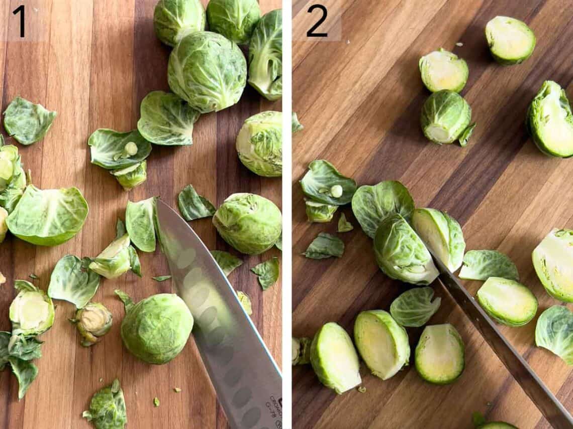 Set of two photos showing Brussels sprouts trimmed and halved.