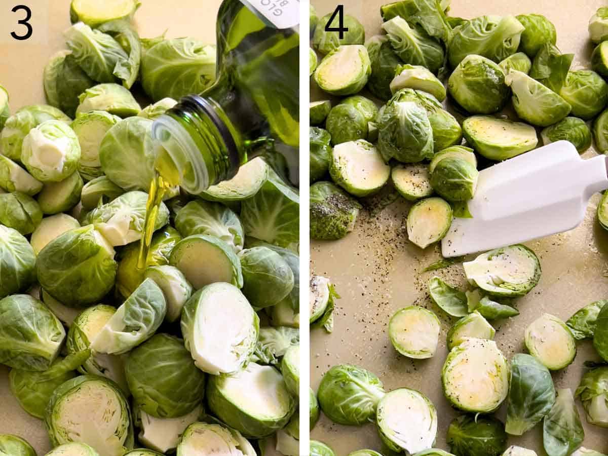 Set of two photos showing olive oil poured over the vegetable and seasoned.