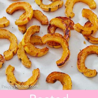 Pinterest graphic of pieces of roasted delicata squash on a white surface.