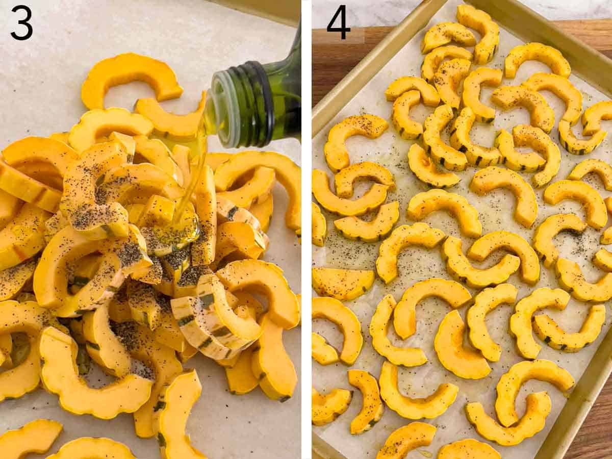 Set of two photos showing oil added to the cut delicata squash with salt and pepper before being laid out on a lined sheet pan.
