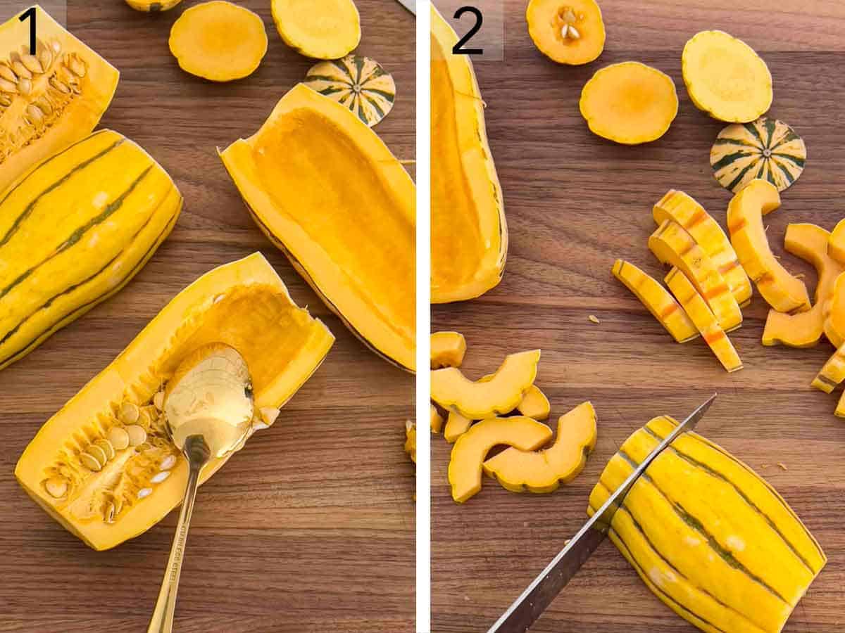 Set of two photos showing the seeds of a cut squash scooped out and then sliced.