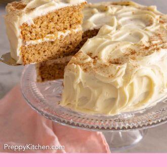 Pinterest graphic of a slice of spice cake being lifted from the cake.