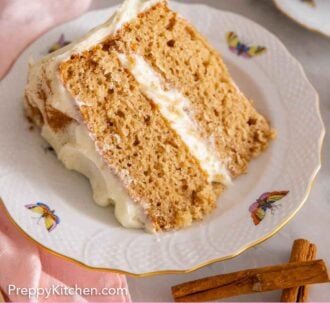 Pinterest graphic of a slice of spice cake on a plate.
