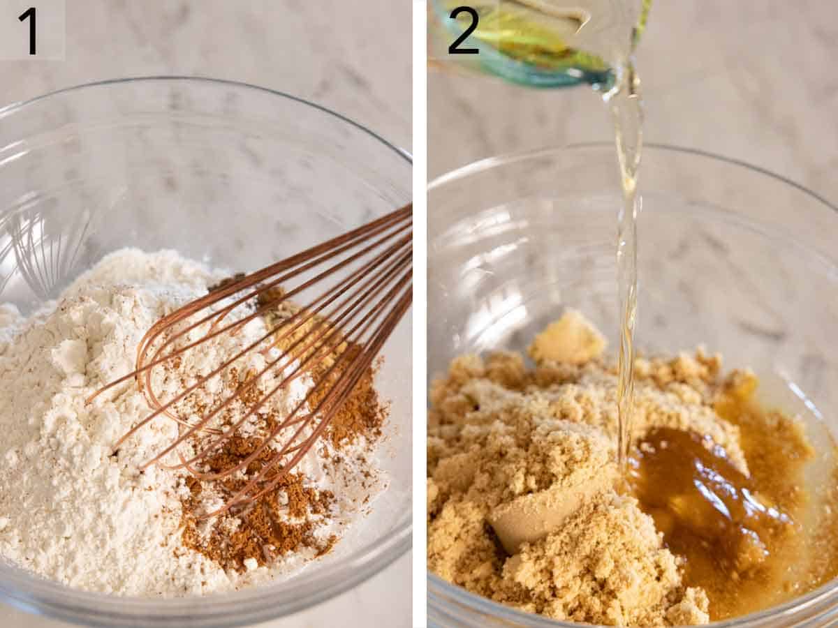 Set of two photos showing the dry ingredients whisked together and oil added to sugar.