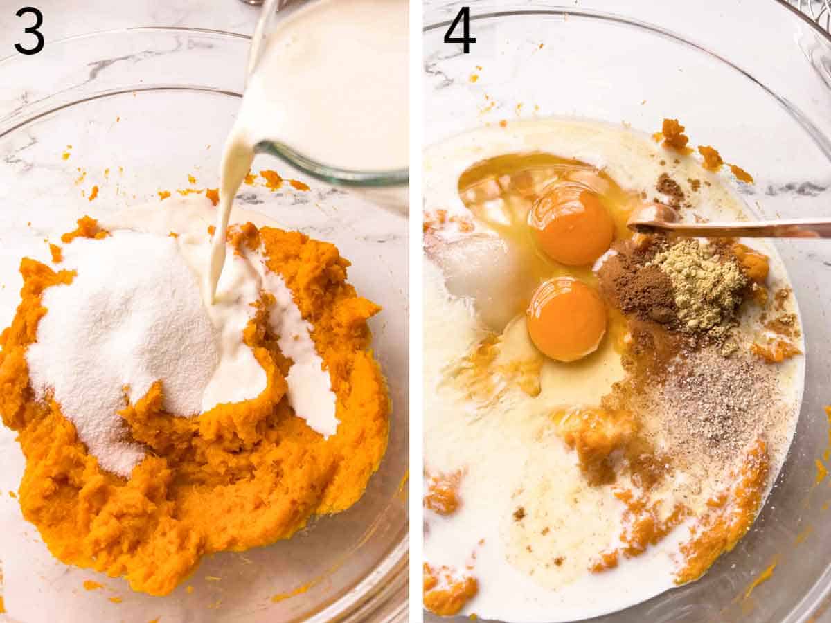Set of two photos showing the puree, sugar, milk, and spices combined in a bowl.