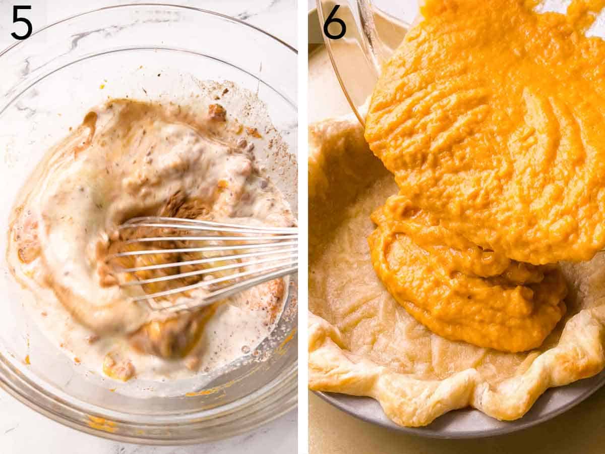 Set of two photos showing the filling mixture whisked and poured into a baked crust.
