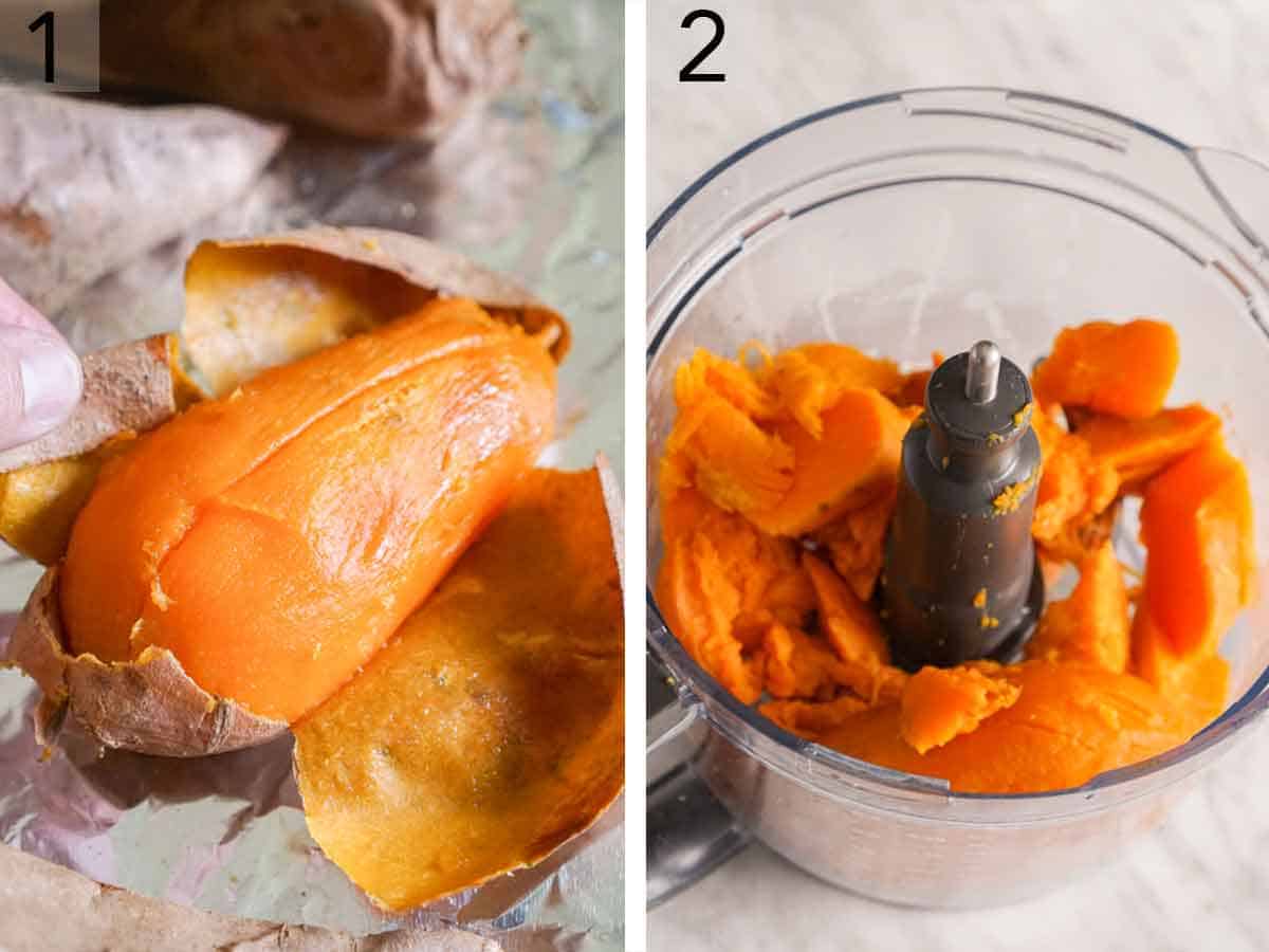Set of two photos showing sweet potatoes peeled and added to a food processor.