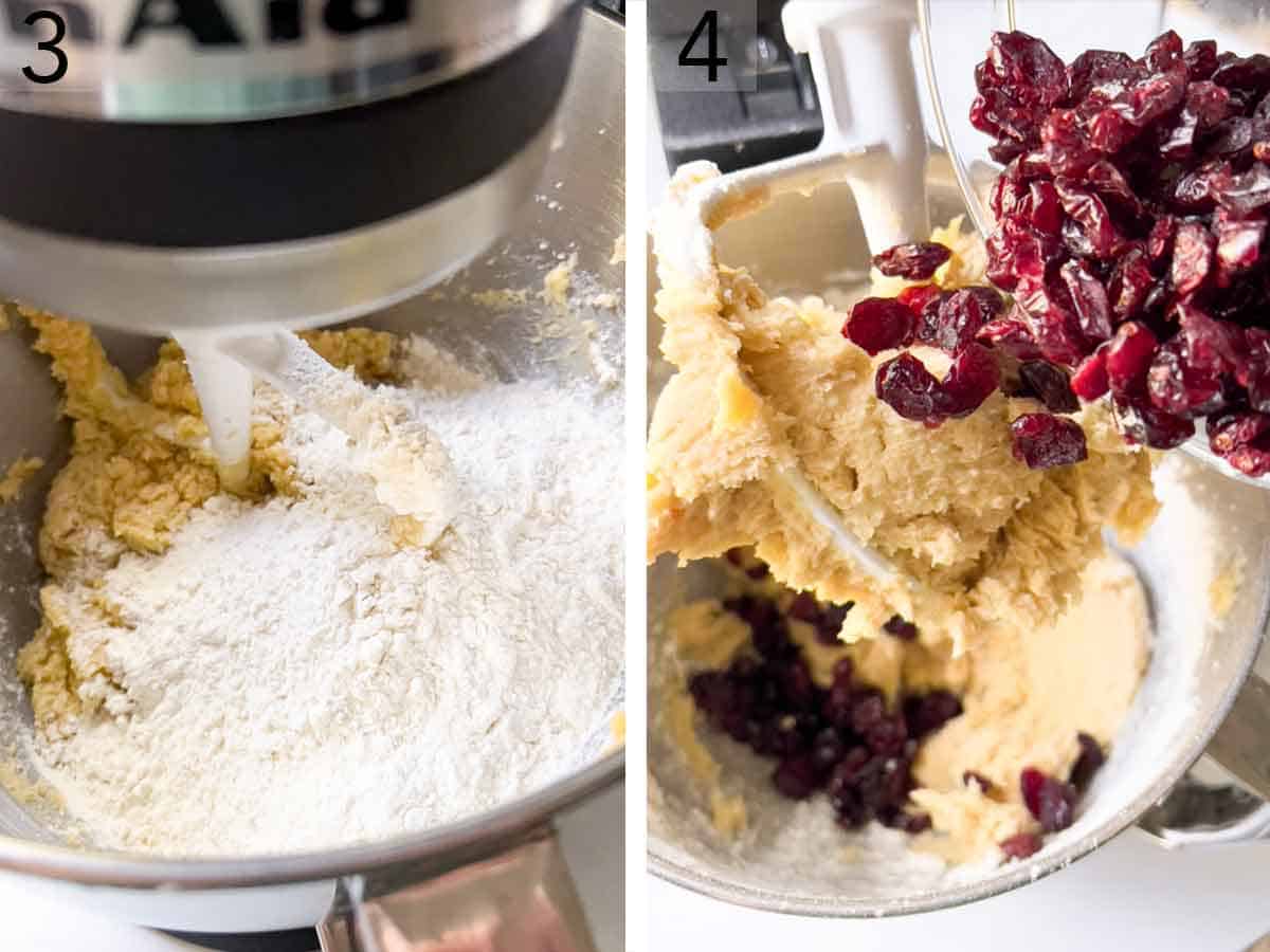 Set of two photos showing flour added to a mixing bowl and dried cranberries poured in after the batter has formed.