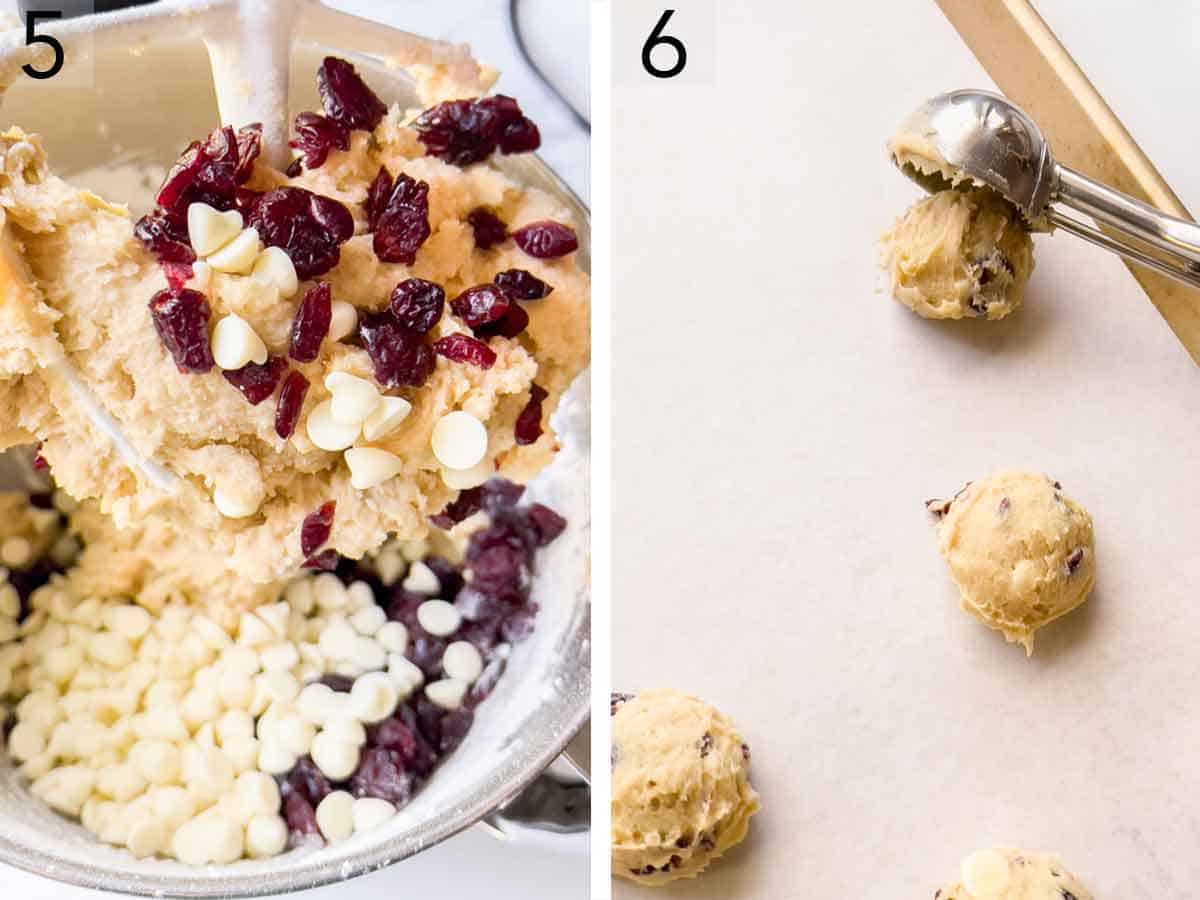 Set of two photos showing white chocolate chips added to the cookie batter then dough balls scooped onto a lined sheet pan.