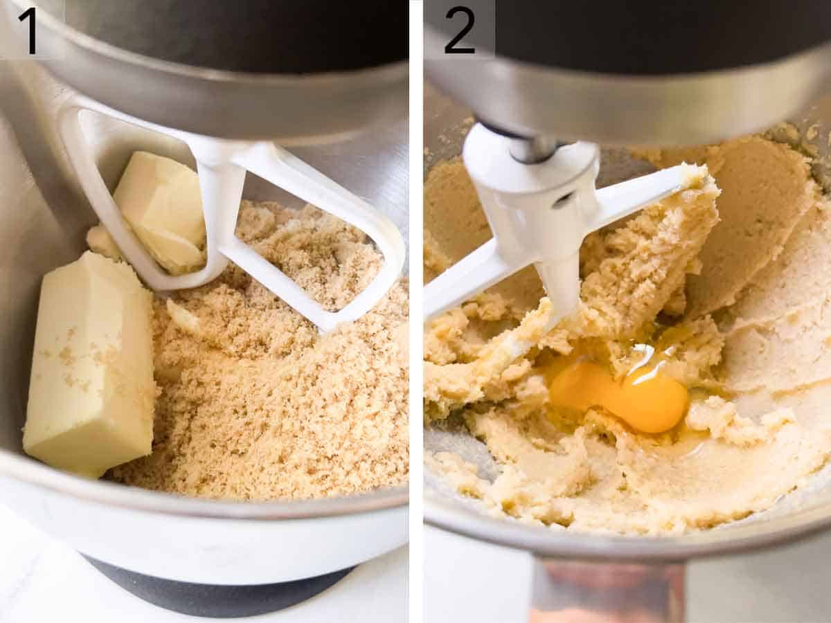 Set of two photos showing butter added to a mixer of sugar then eggs mixed in.