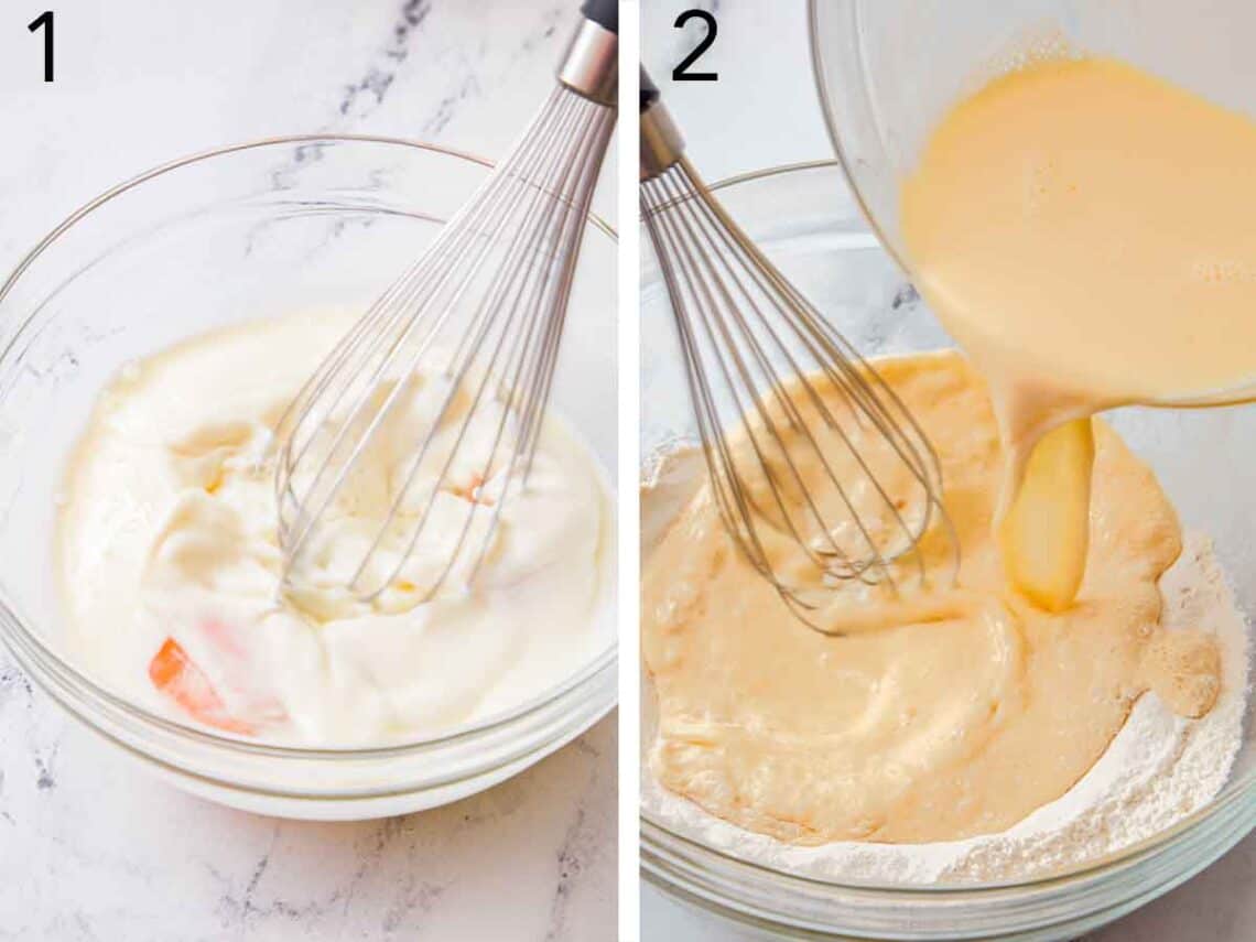 Set of two photos showing liquid whisked in a bowl and poured into a bowl of dry ingredients.