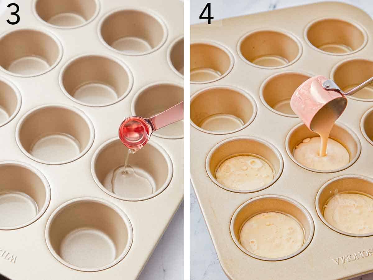 Set of two photos showing oil added to a muffin tin and batter poured in.