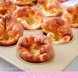 Pinterest graphic of Yorkshire puddings inside of a muffin pan.