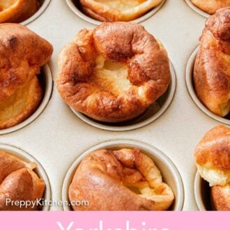 Pinterest graphic of an overhead view of multiple Yorkshire pudding inside of a muffin tin.