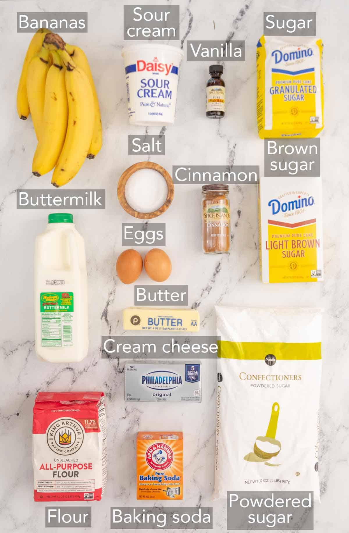 Ingredients needed to make banana cupcakes.