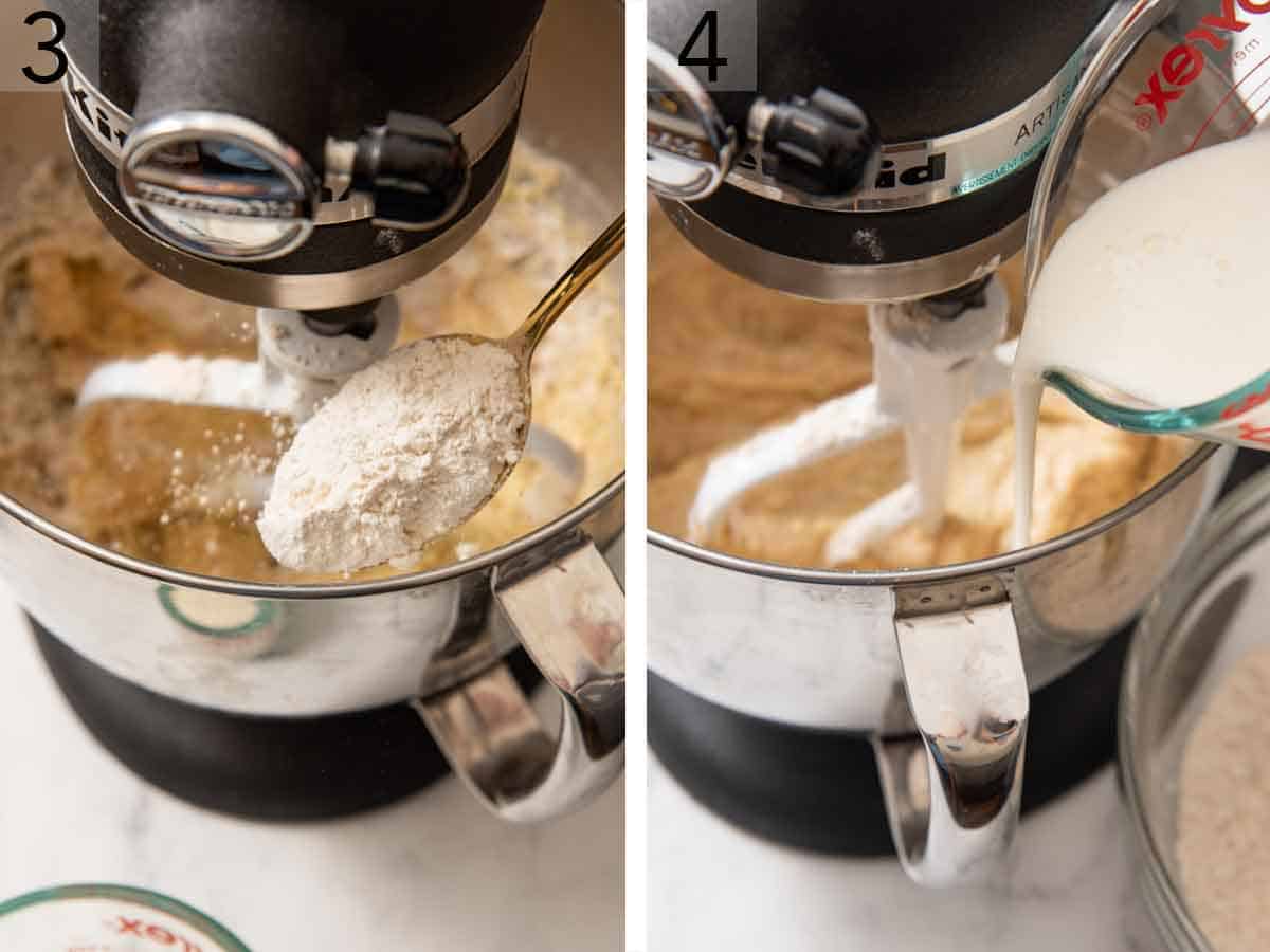 Set of two photos showing flour and buttermilk added to the mixer.