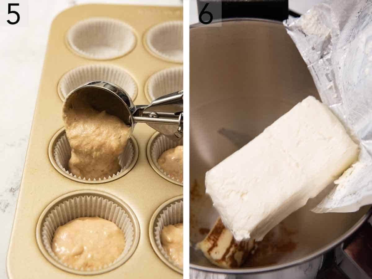 Set of two photos showing batter being scooped into a lined muffin tin and cream cheese added to a mixer.