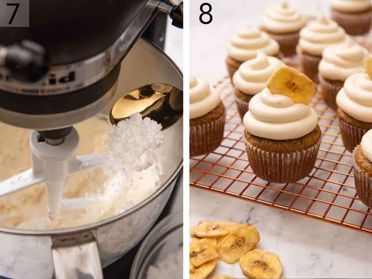 Set of two photos showing powdered sugar added the mixer and frosted banana cupcakes on a wire rack.