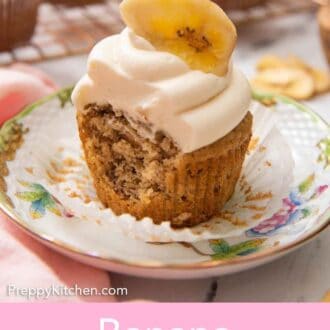 Pinterest graphic of a banana cupcakes with the liner peeled opened with a bite taken out.