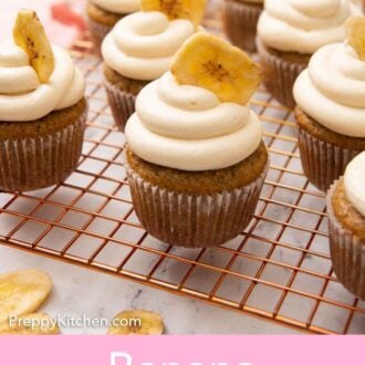 Pinterest graphic of multiple frosted banana cupcakes on a wire cooling rack.
