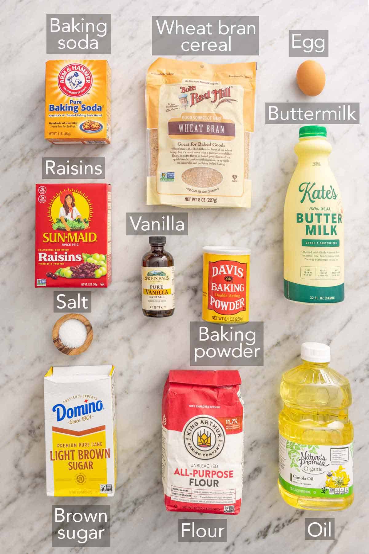 Ingredients needed to make bran muffins.