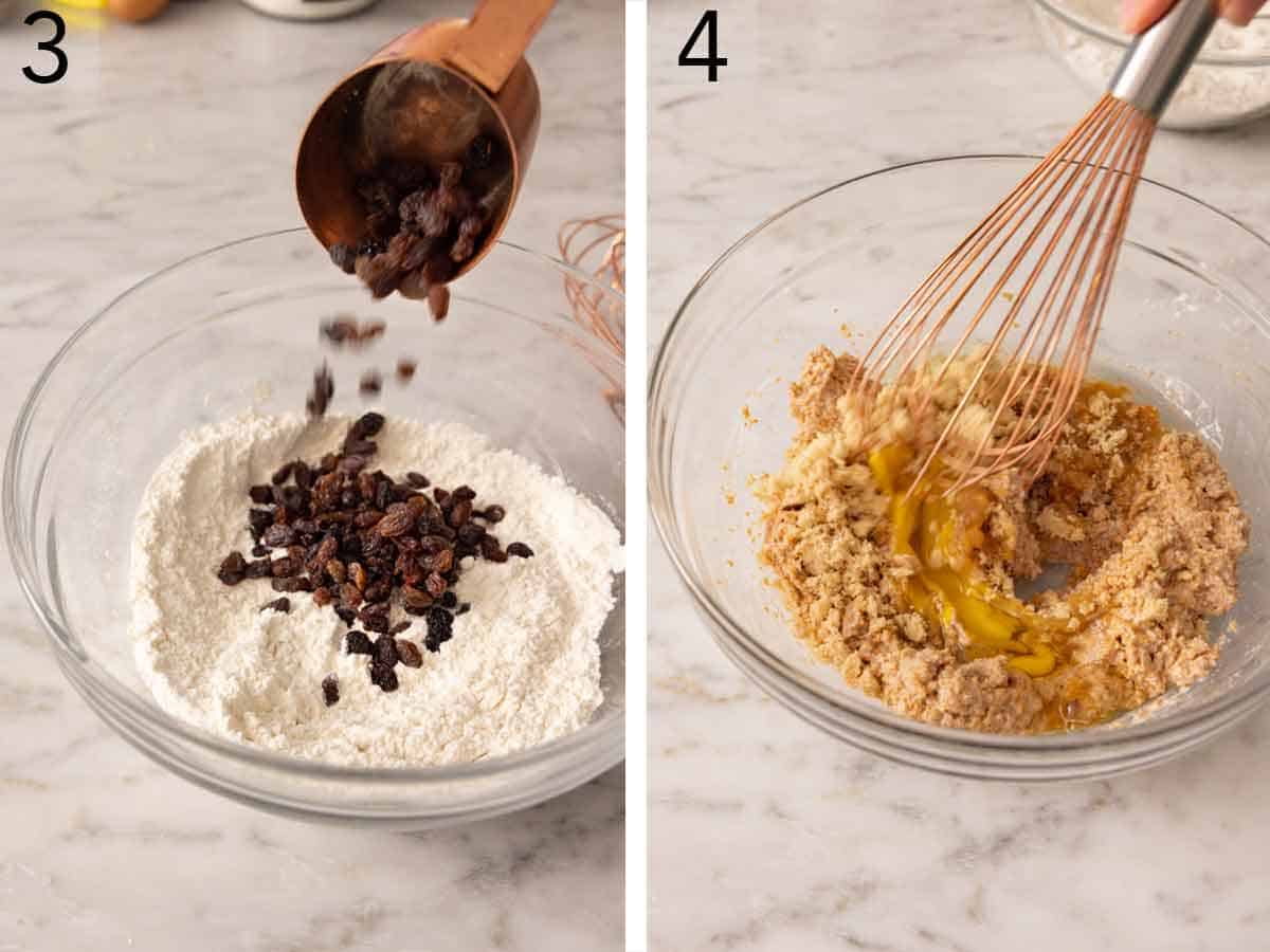 Set of two photos showing raisins added to flour and wet ingredients whisked with the buttermilk mixture.