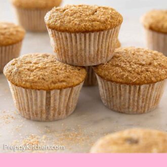 Pinterest graphic of a couple of bran muffins with one stacked on top.