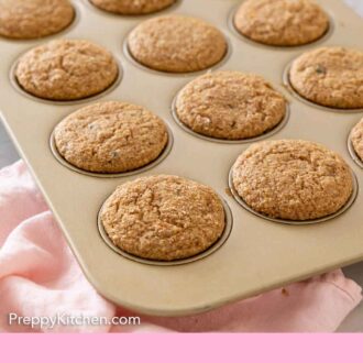 Pinterest graphic of bran muffins inside of a muffin tray.
