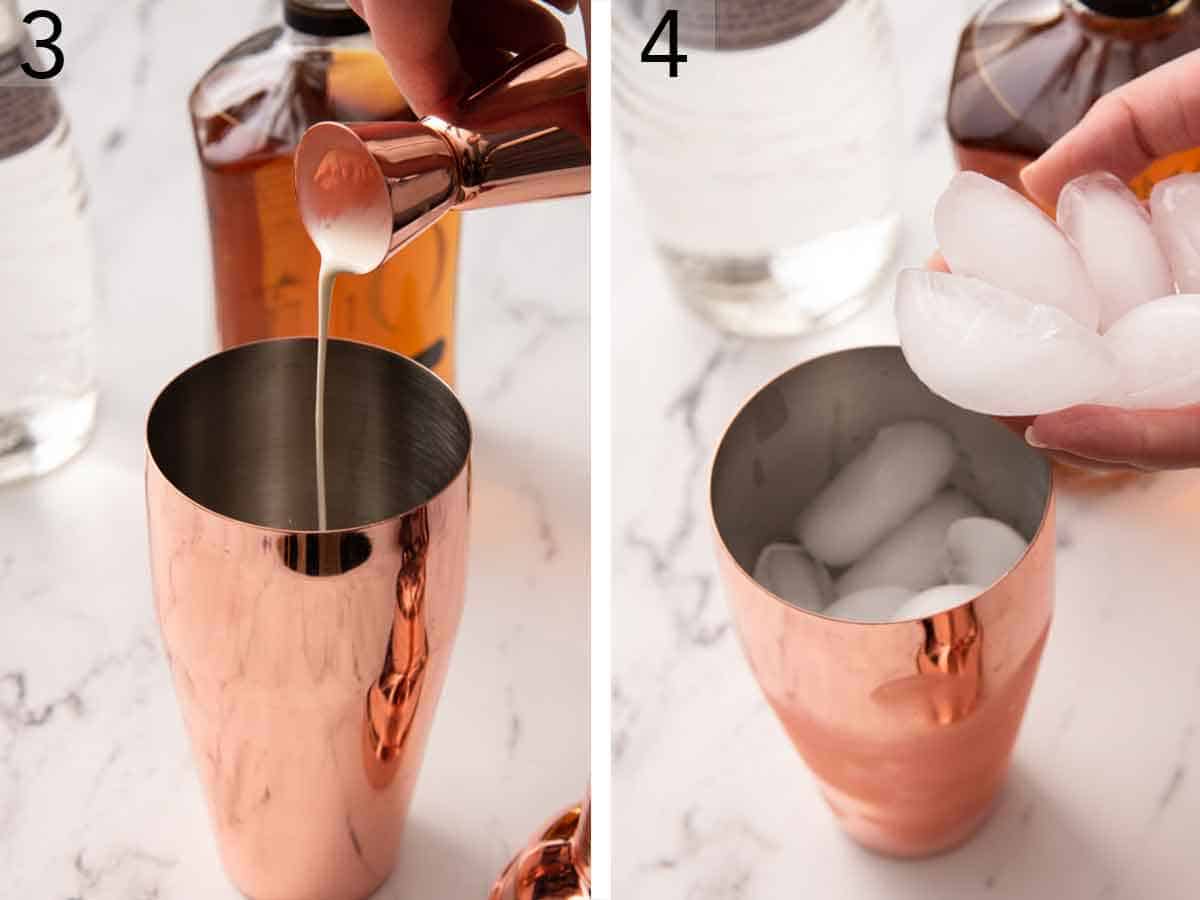 Set of two photos showing cream and ice added to a shaker.