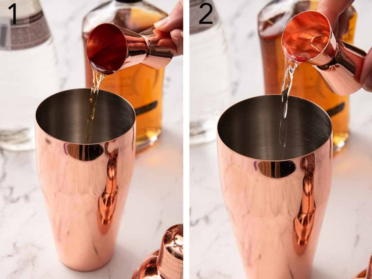 Set of two photos showing crème de cacao and cognac added to a shaker from a jigger.