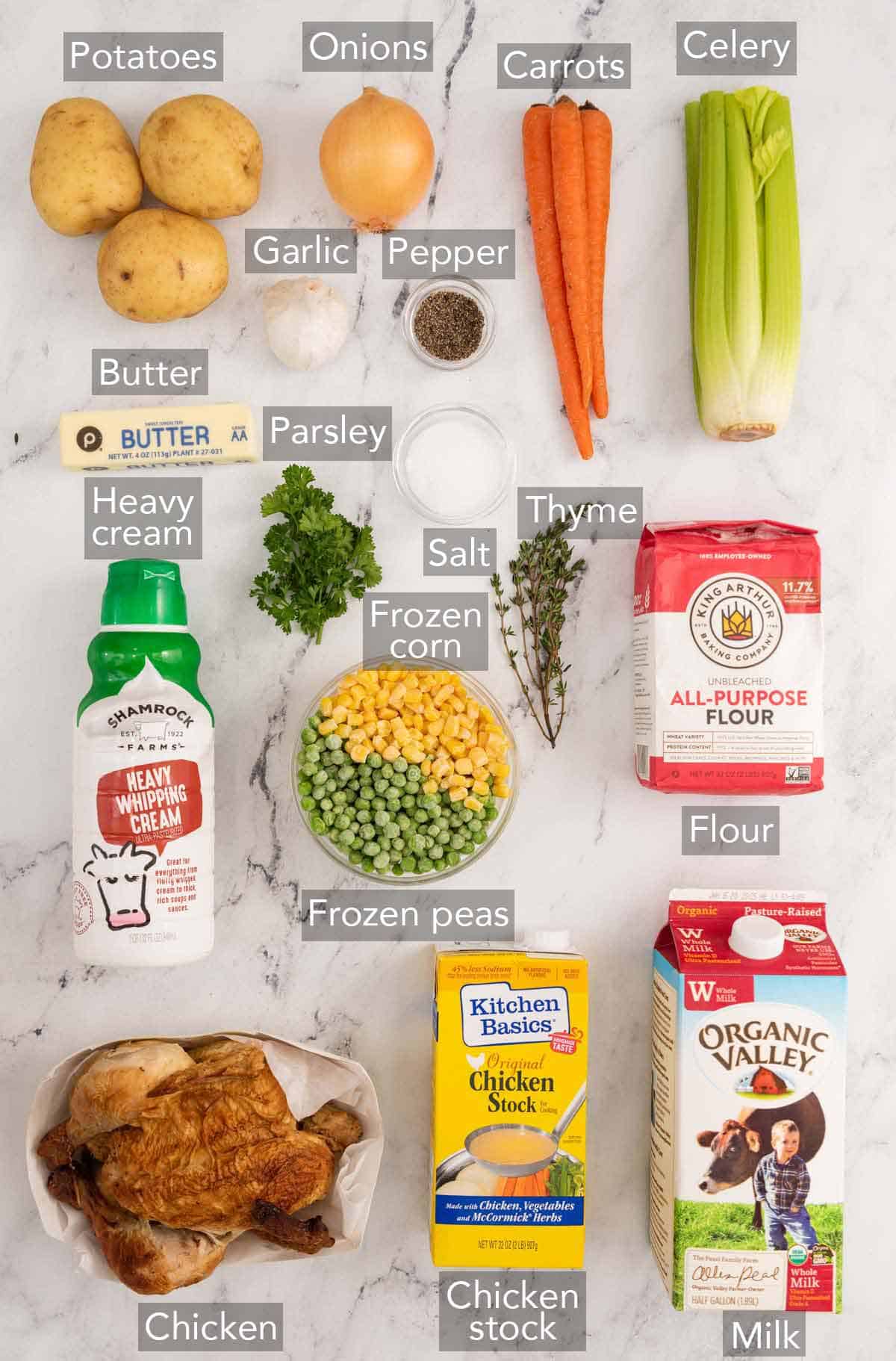 Ingredients needed to make chicken pot pie soup.