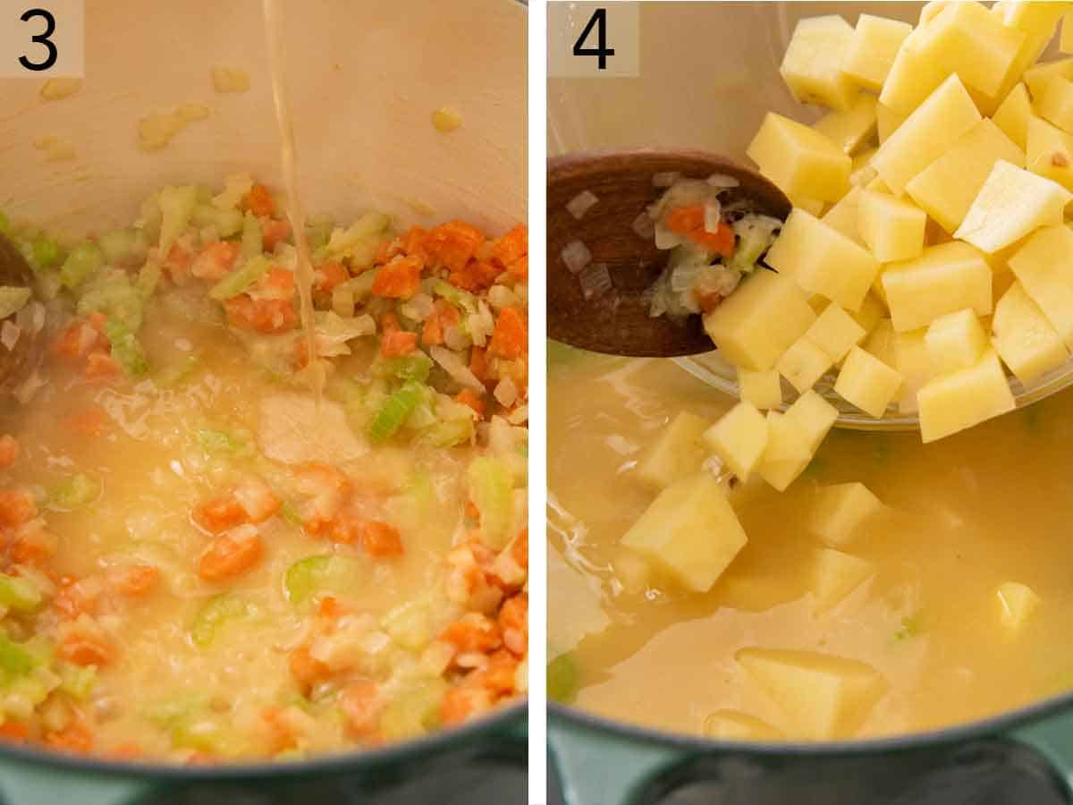 Set of two photos showing stock and potatoes added to a pot.