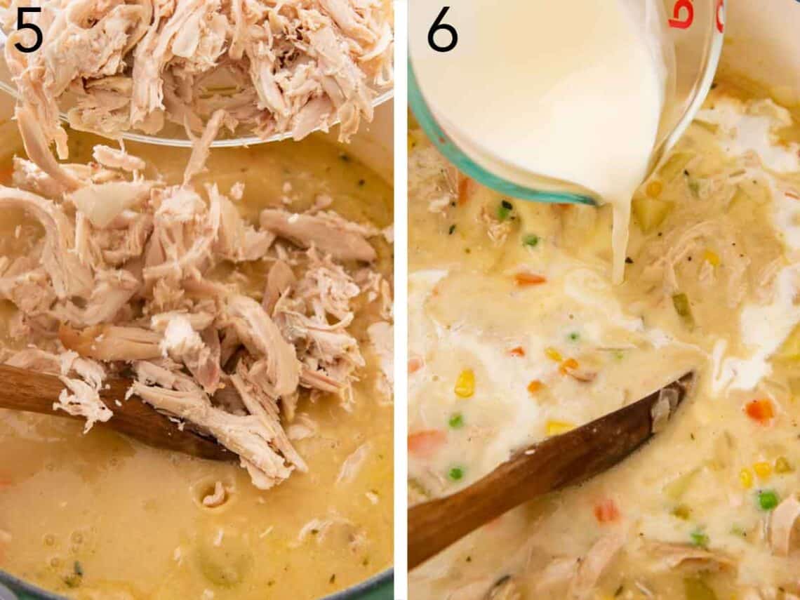 Set of two photos showing shredded chicken and cream added to the pot.