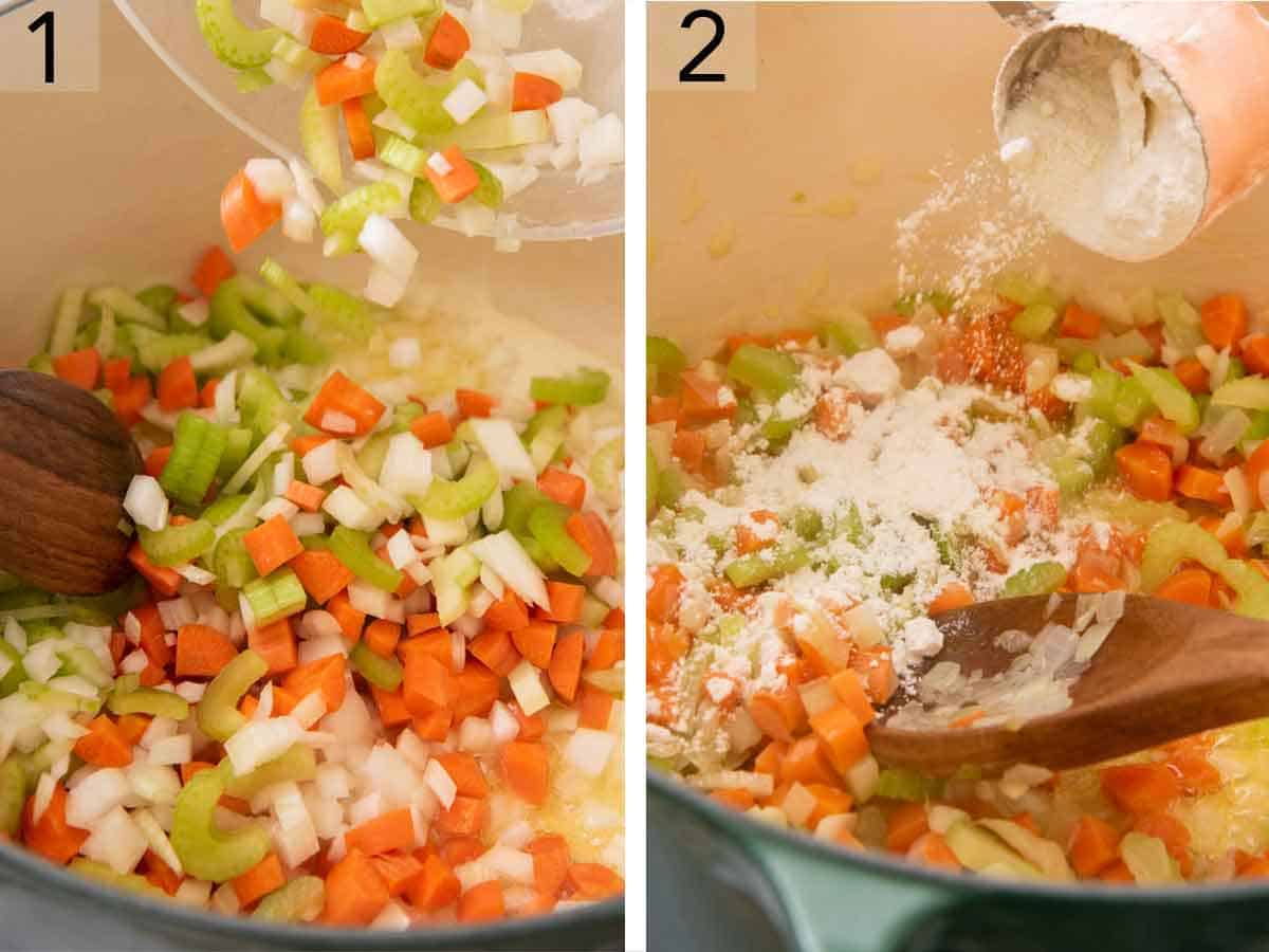 Set of two photos showing vegetables and flour added to a pot.