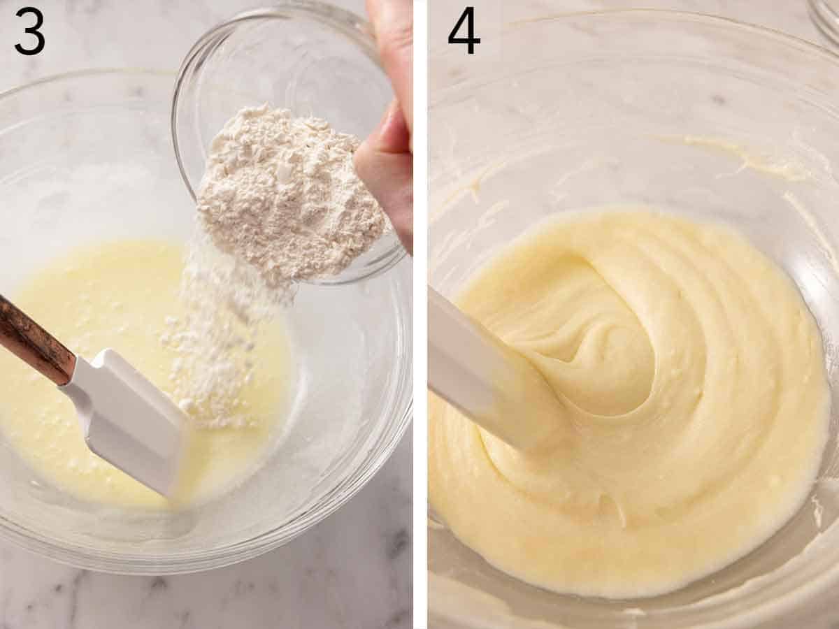 Set of two photos showing flour added to a bowl of batter and mixed.